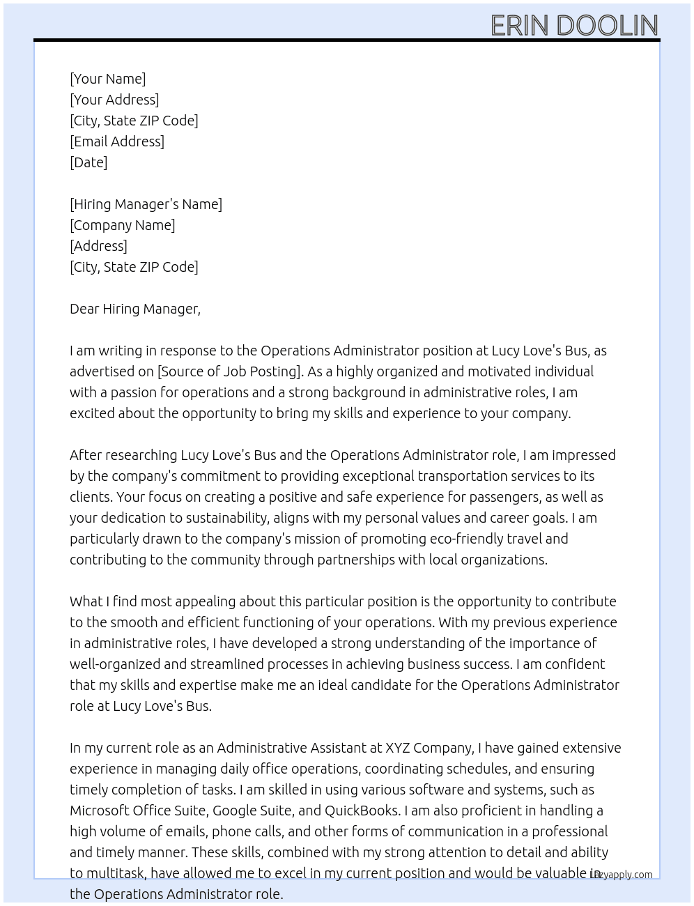 Operations Administrator At Lucy Love's Bus Cover Letter