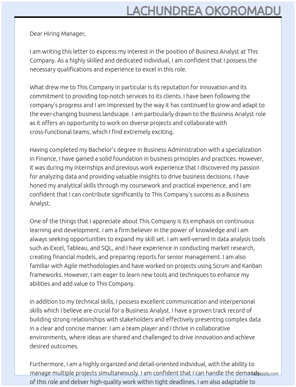 Business Analyst At this company Cover Letter