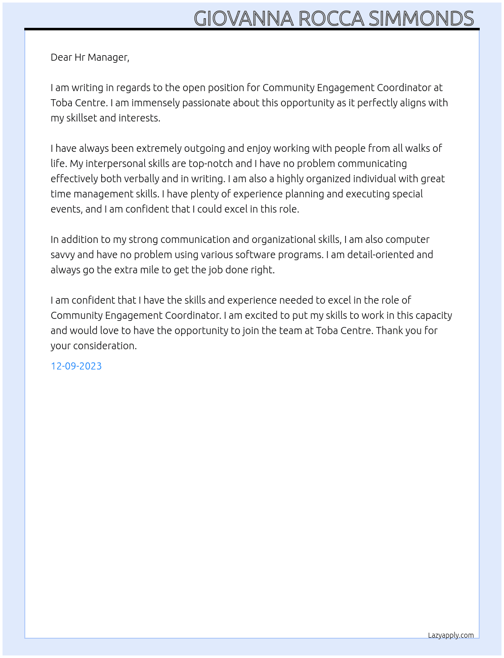 Community Engagement Coordinator At Toba Centre  Cover Letter