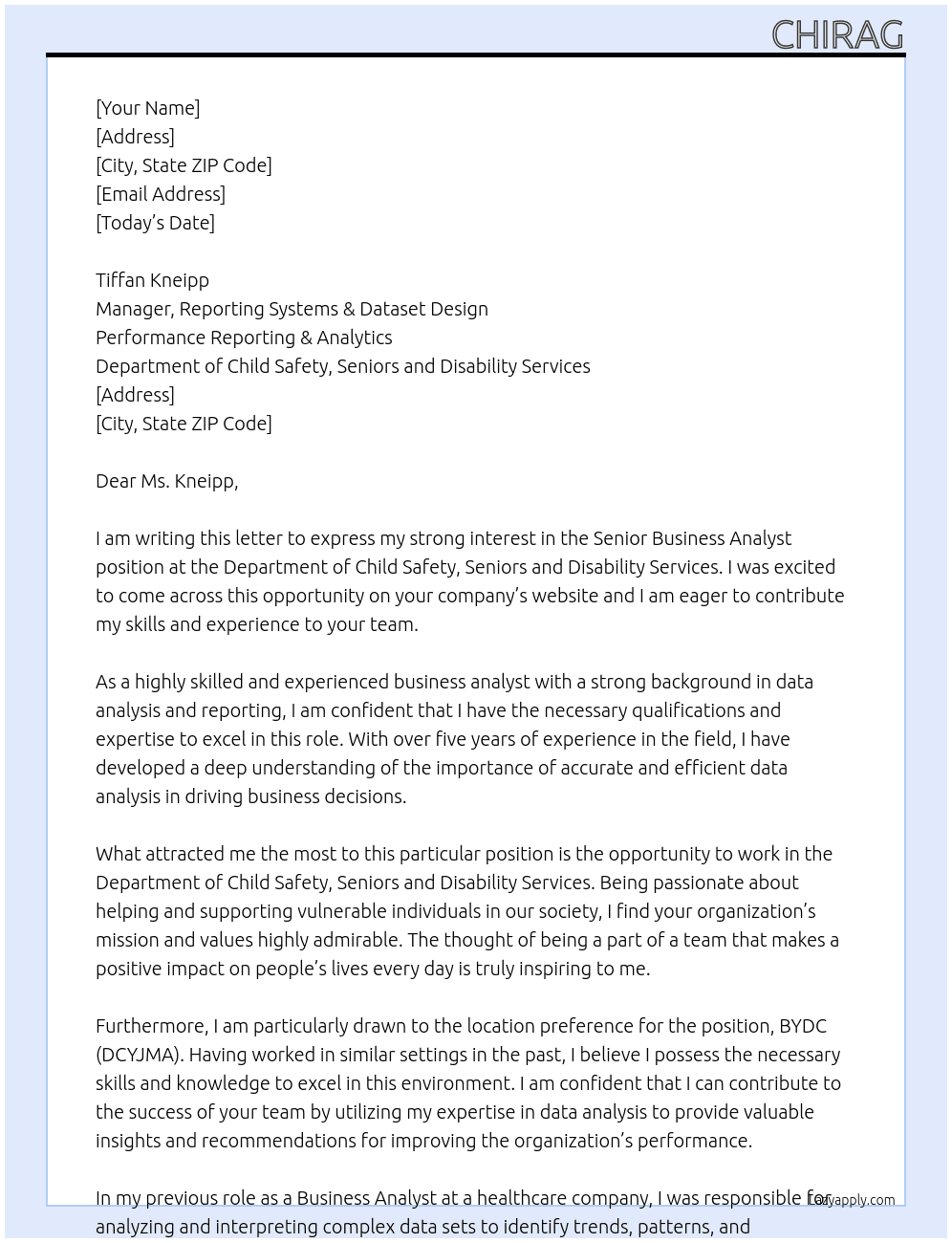 Senior Business Analyst At Department of Child Safety, Seniors and Disability Services Cover Letter