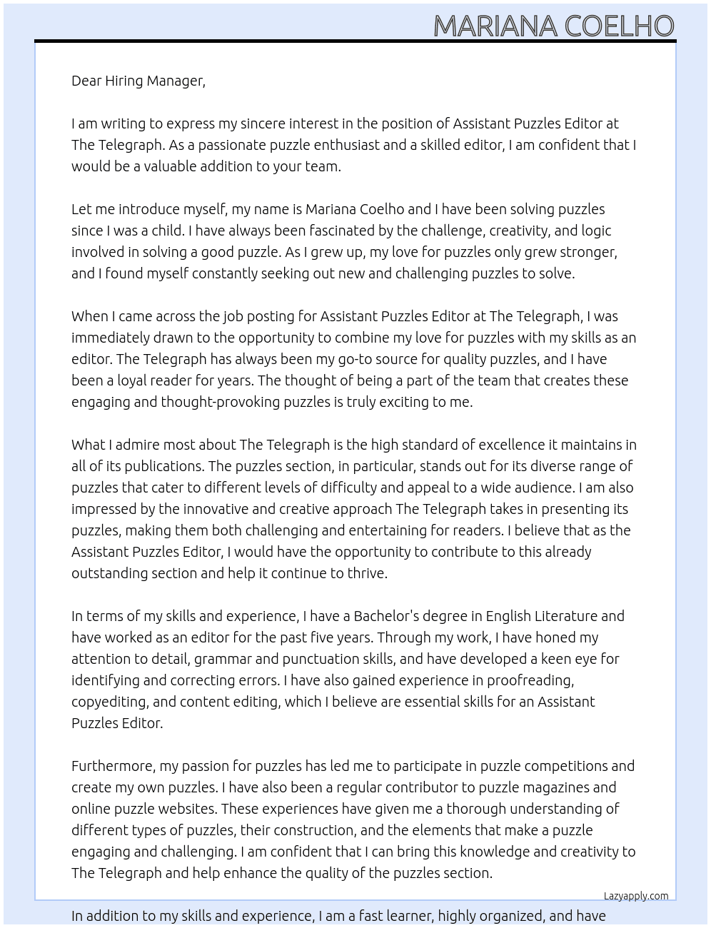 Assitant Puzzles Editor At The Telegraph Cover Letter