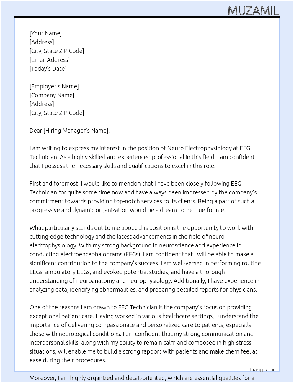 Neuro electrophysiology  At EEG Technician  Cover Letter