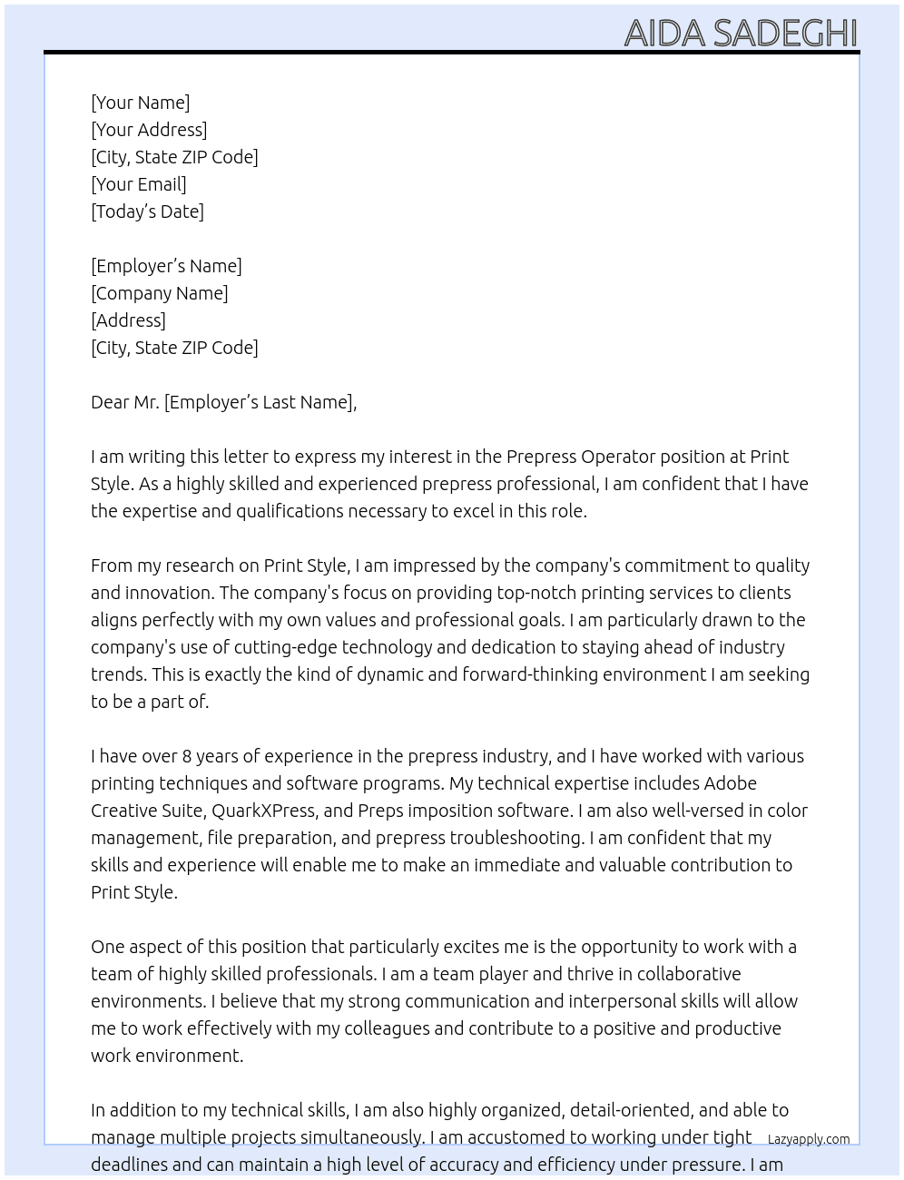 Prepress operator At Print style Cover Letter