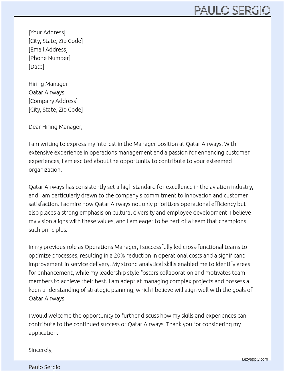 manager At qatar airways Cover Letter