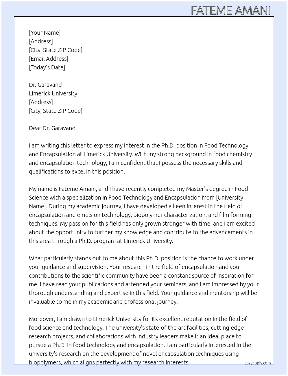 Cover letter for phd posision in food technology and encapsulation - LazyApply