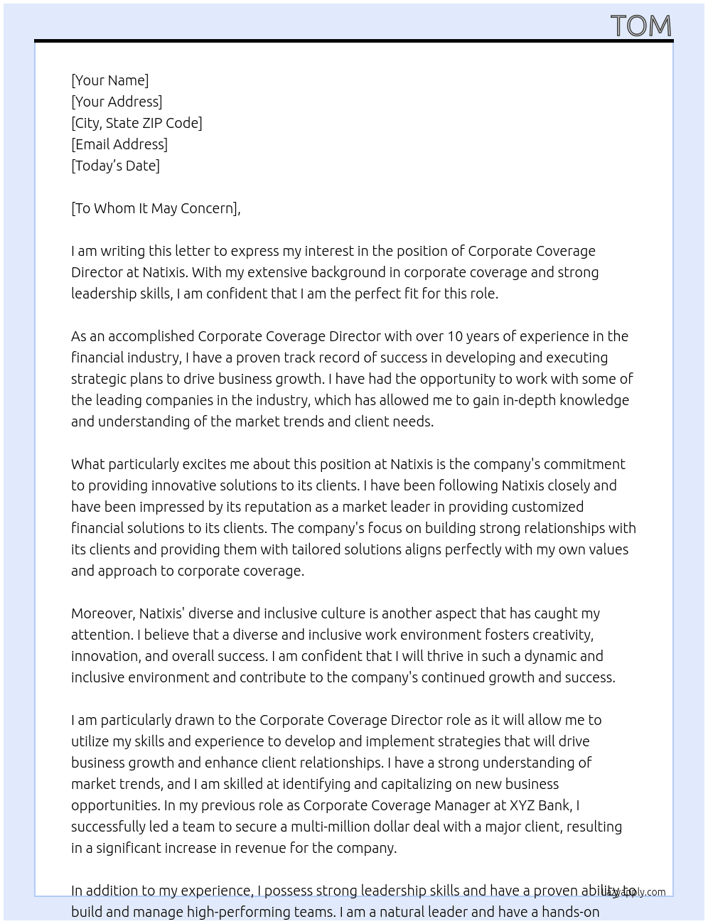 Corporate Coverage Director At Natixis Cover Letter