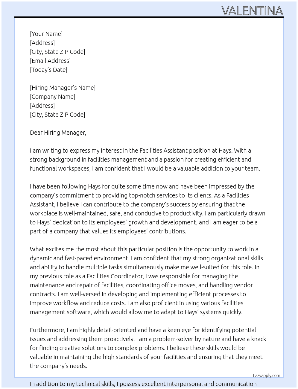 Facilities assistant At Hays Cover Letter