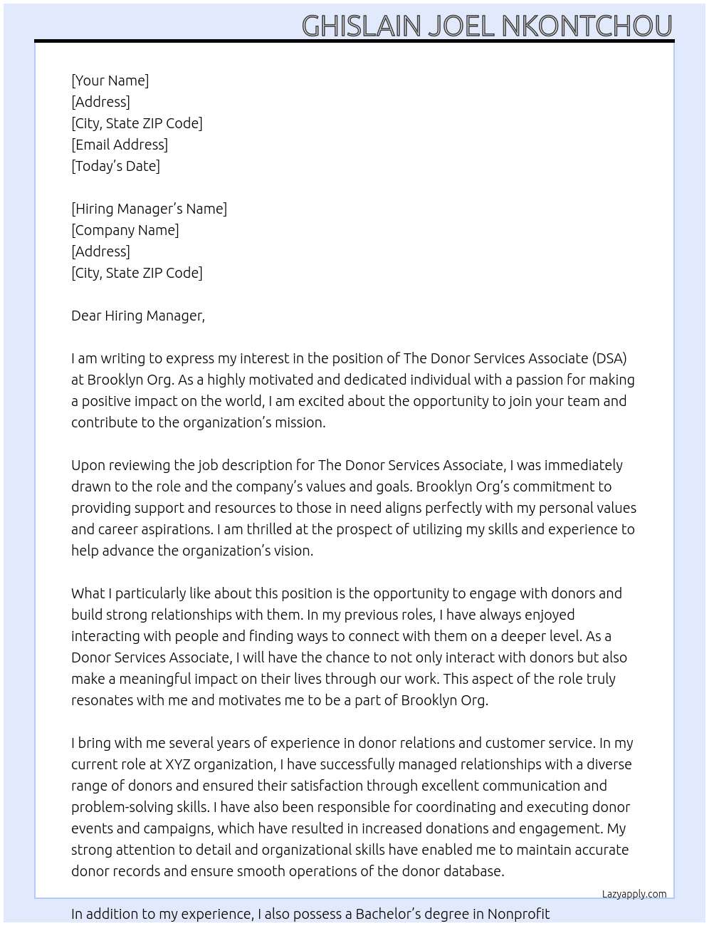 The Donor Services Associate (DSA)  At Brooklyn Org Cover Letter