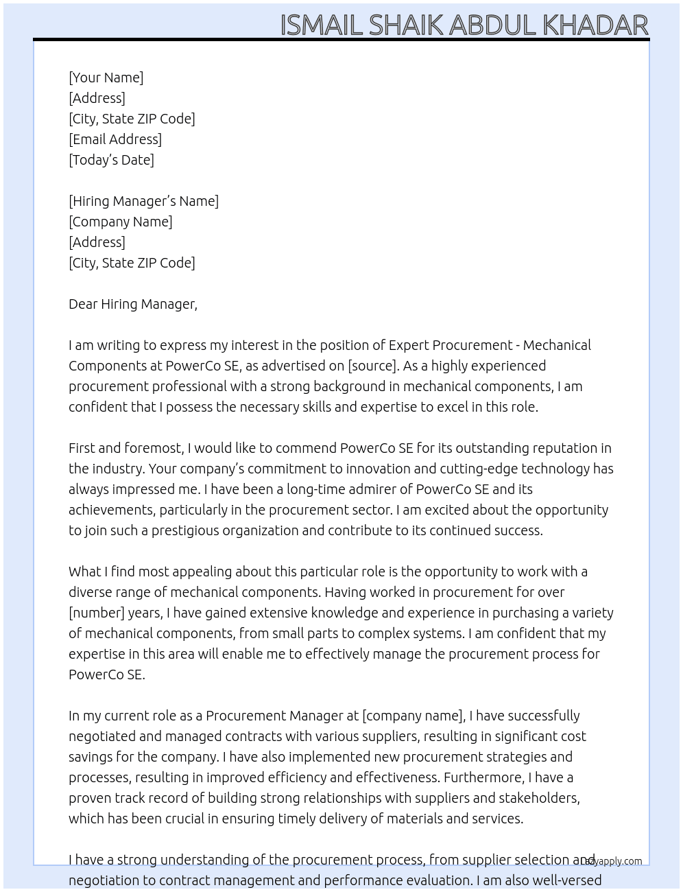 Expert Procurement - Mechanical Components At PowerCo SE Cover Letter