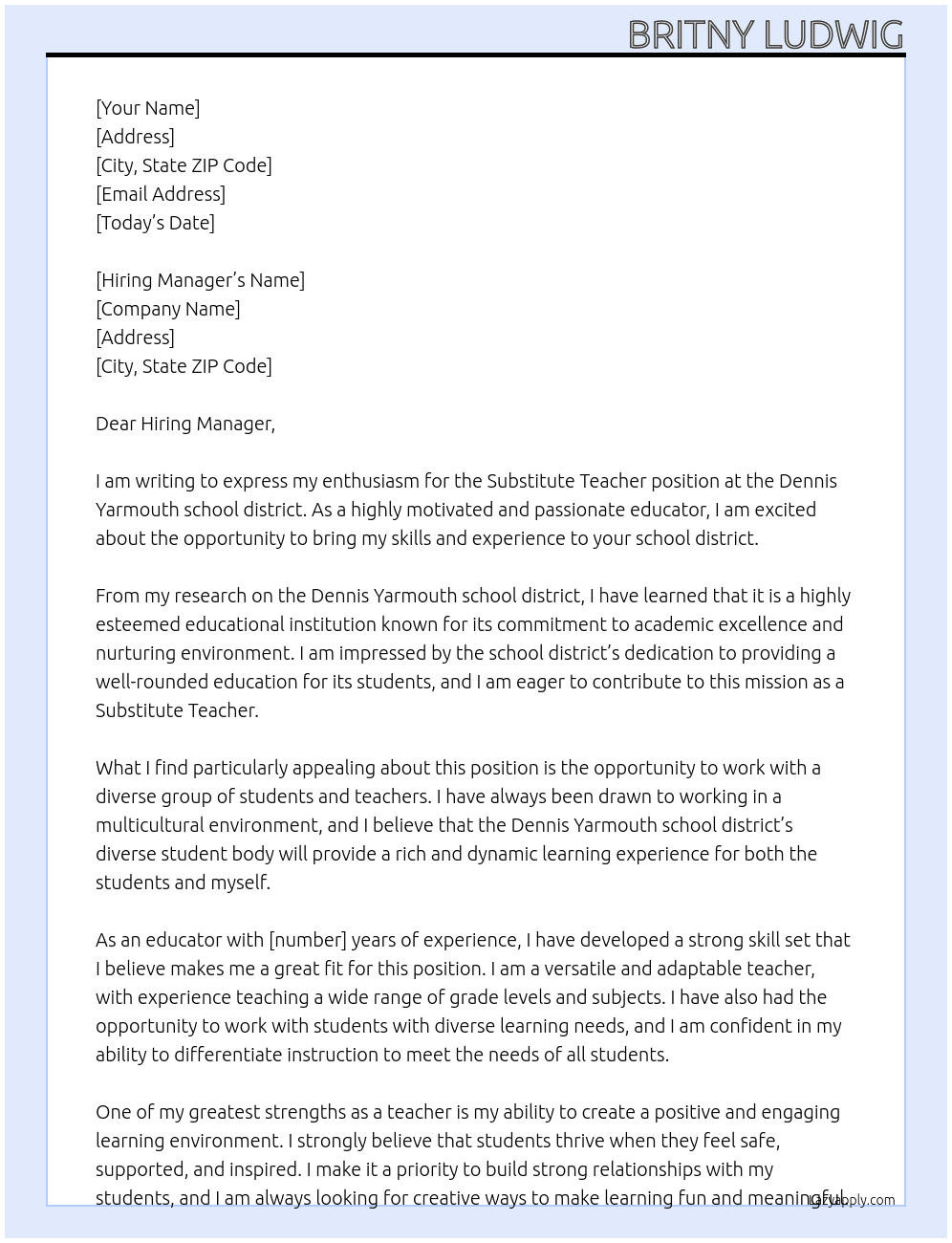 Substitute Teacher At Dennis Yarmouth school  district Cover Letter