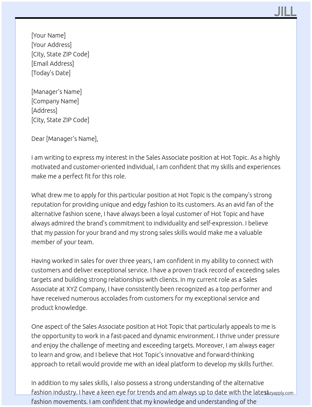 Sales associate At Hot topic Cover Letter