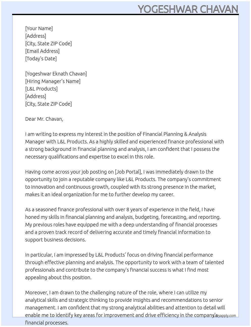 Cover letter for financial planning & analysis manager - LazyApply