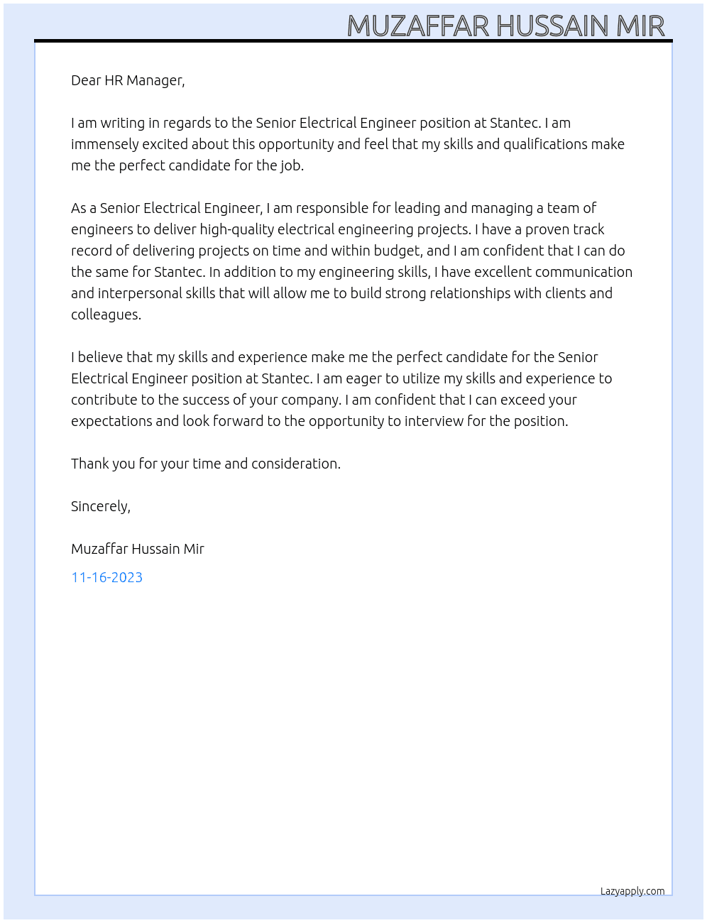 Senior Electrical Engineer  At Stantec Cover Letter