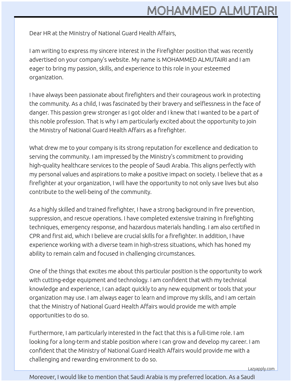 Firefighter At Ministry of National Guard Health Affairs Cover Letter