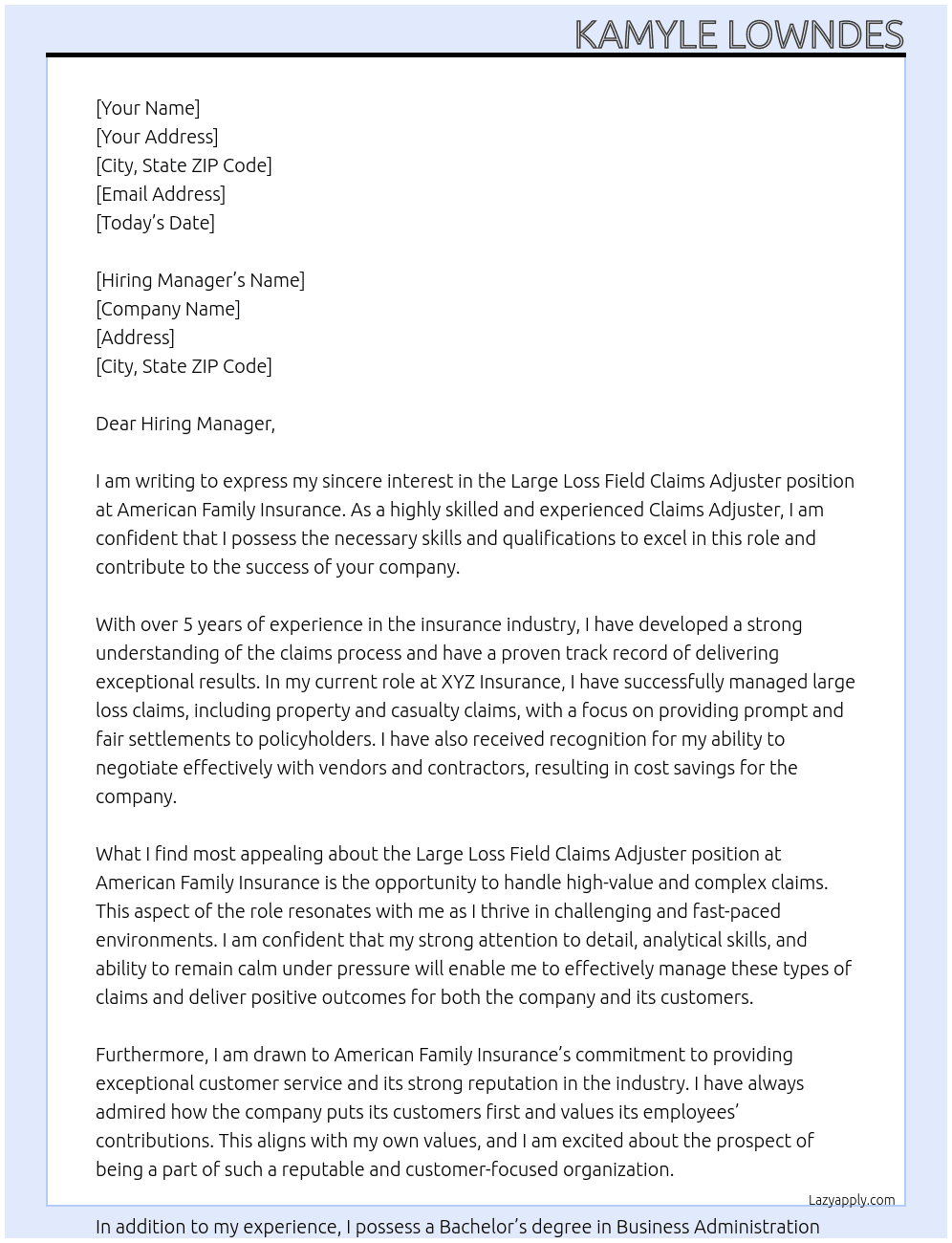 Large Loss Field Claims Adjuster At American Family Insurance Cover Letter
