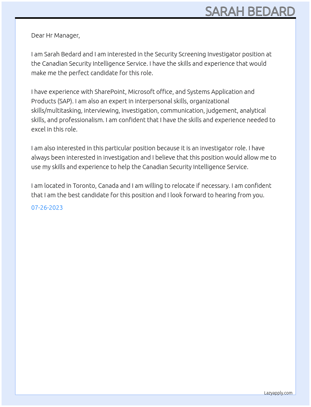 Security Screening Investigator At Canadian Security Intelligence Service Cover Letter
