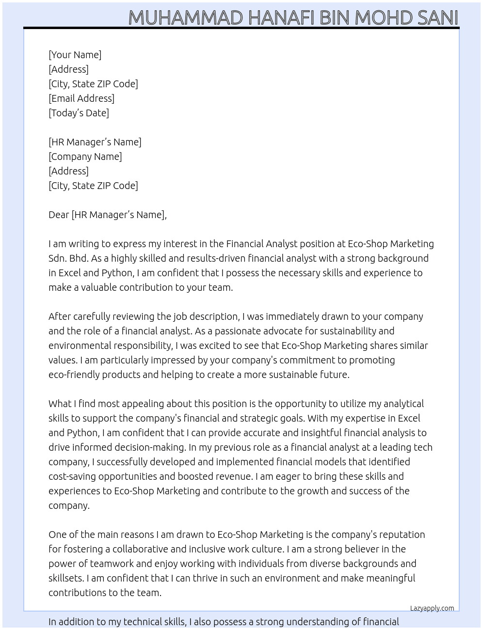 financial analyst At Eco-Shop Marketing Sdn. Bhd.  Cover Letter