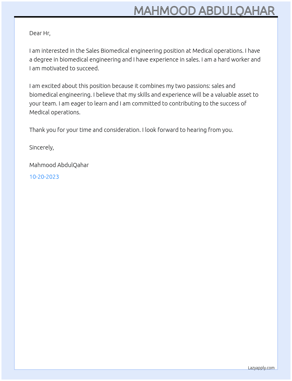 Sales Biomedical engineering  At Medical operations  Cover Letter