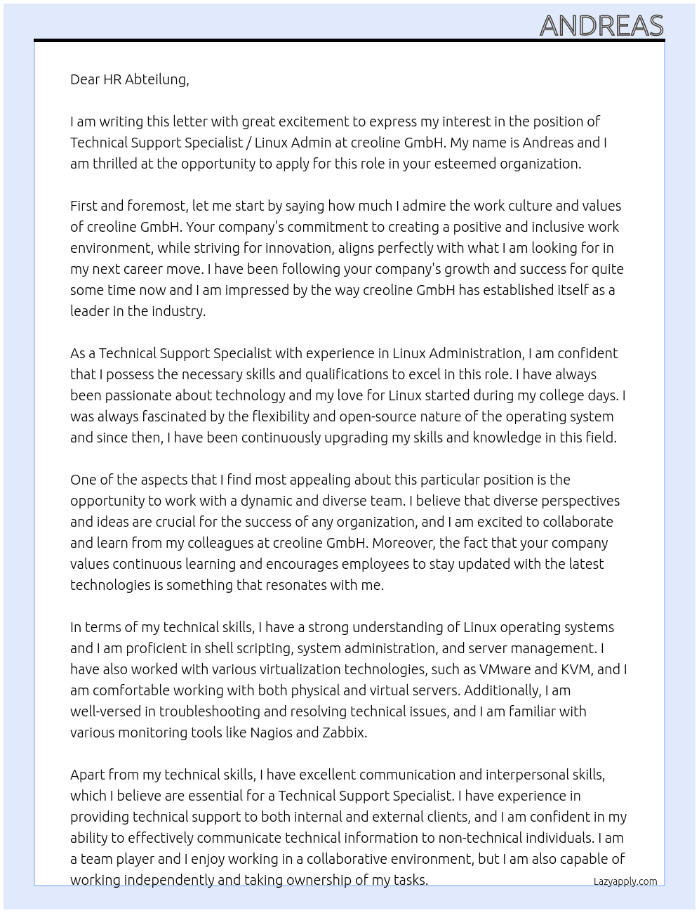 Technical Support Specialist / Linux Admin At creoline GmbH Cover Letter
