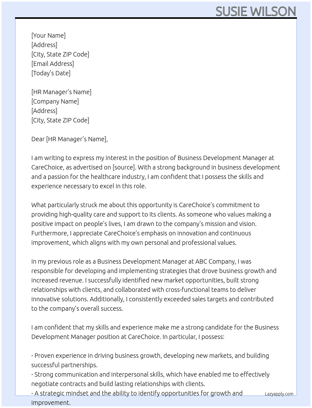 Business Development Manager At CareChoice Cover Letter