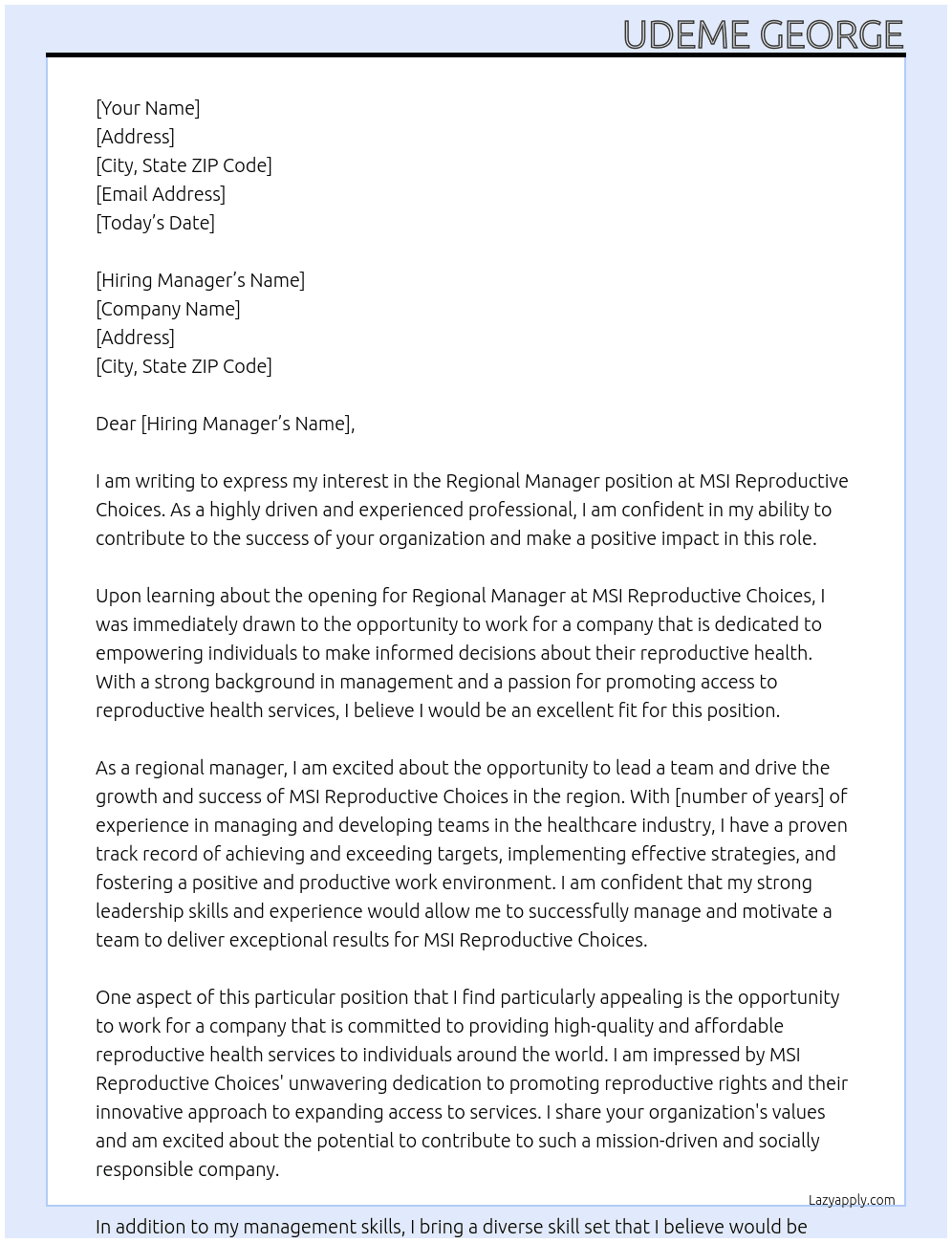 regional manager At MSI reproductive choices  Cover Letter