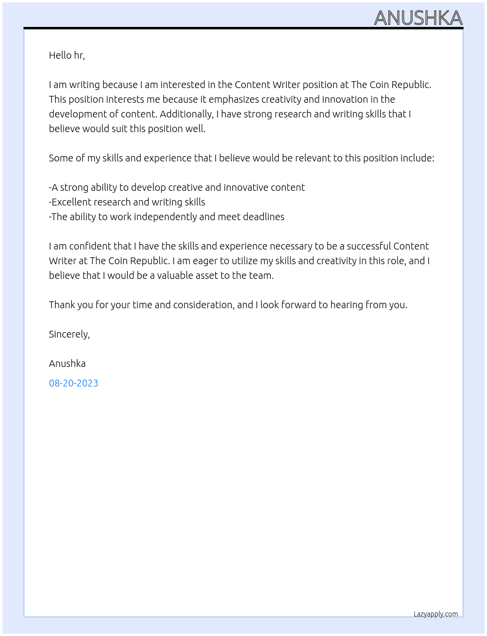 Content Writer  At The Coin Republic Cover Letter