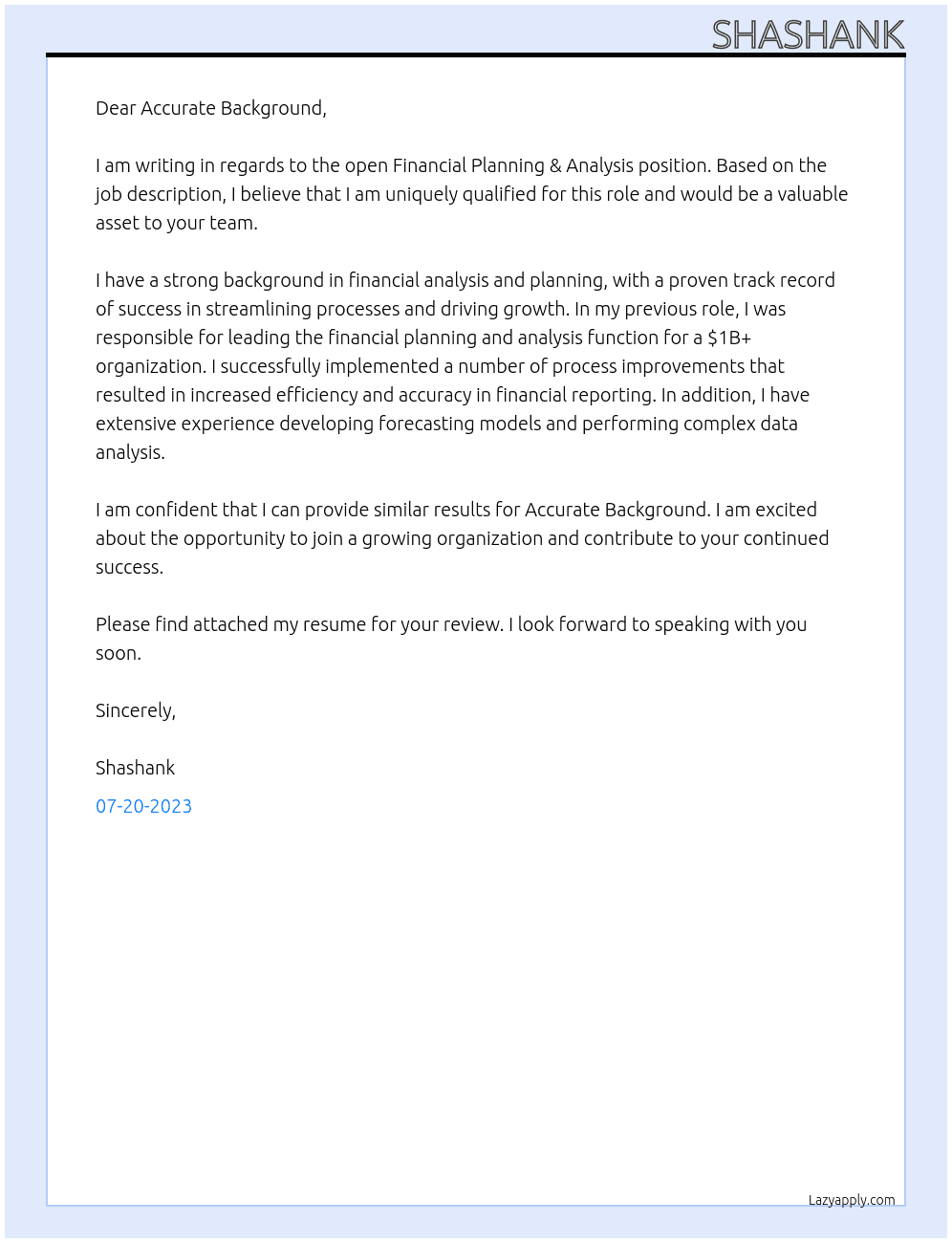 Financial Planning & Analysis At Accurate Background Cover Letter