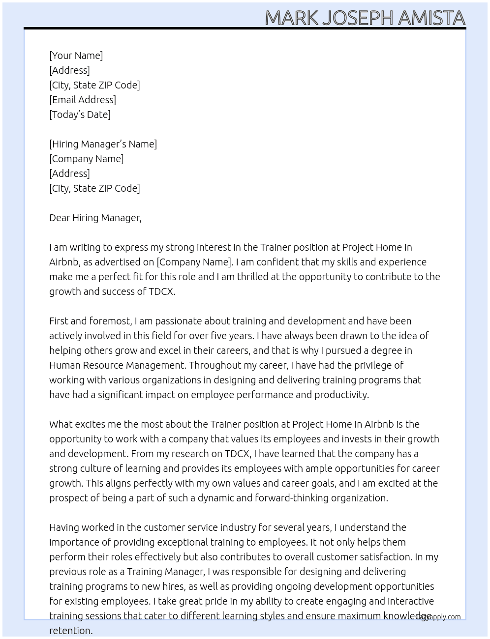 Trainer at Project Home in Airbnb At TDCX Cover Letter