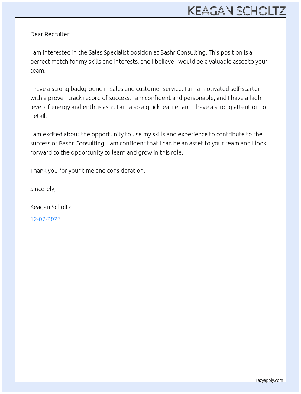 Sales specialist  At BASHR CONSULTING Cover Letter