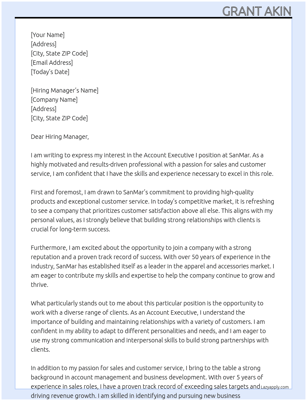 Account Executive I At SanMar Cover Letter