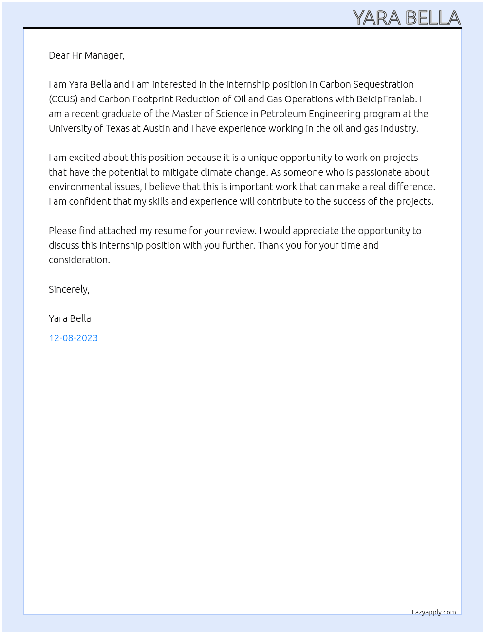 Internship in Carbon Sequestration (CCUS) and Carbon Footprint Reduction of Oil and Gas Operations At BeicipFranlab Cover Letter