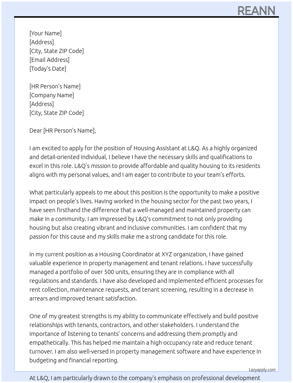 housing assistant  At l&q Cover Letter