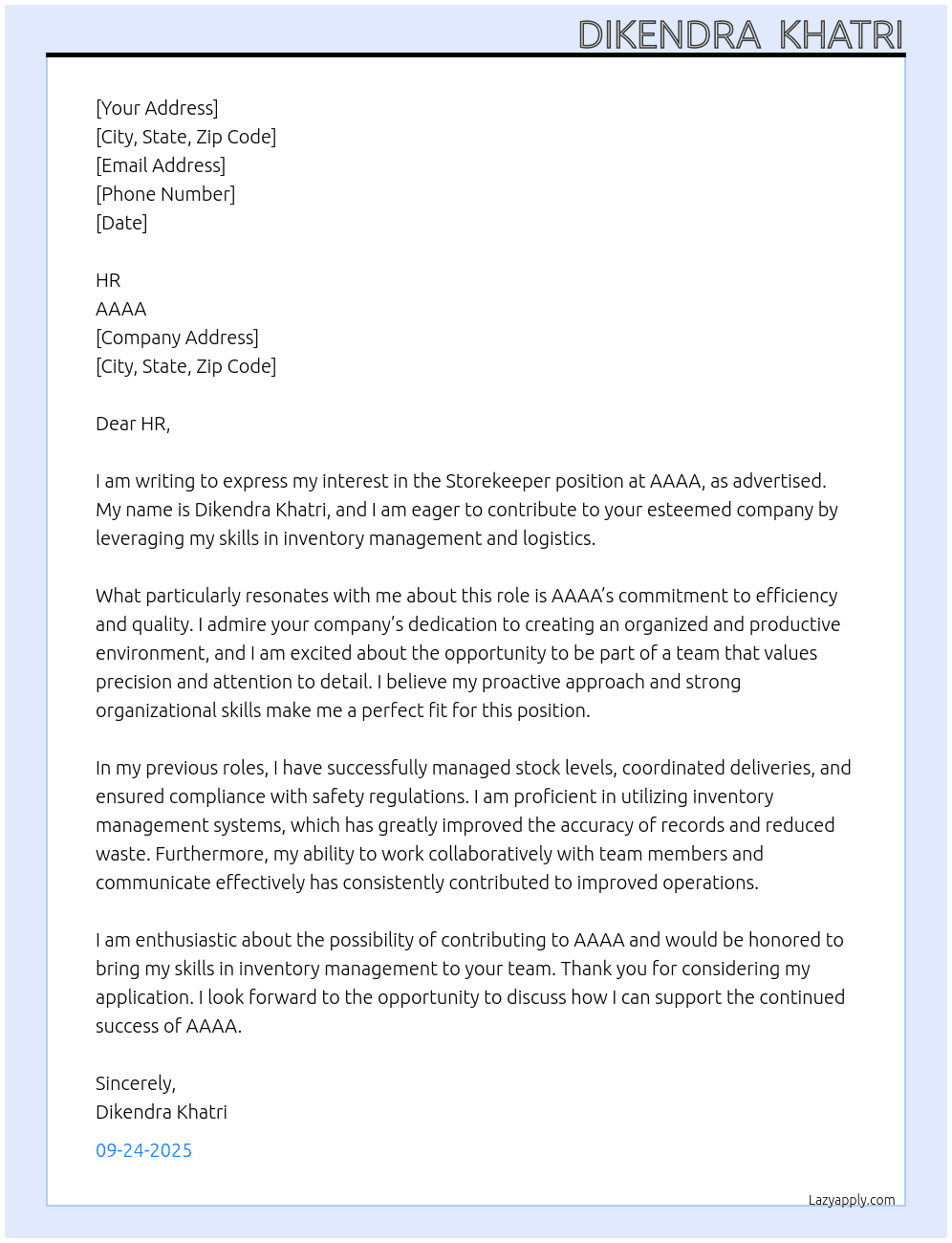 storekeeper  At aaaa  Cover Letter