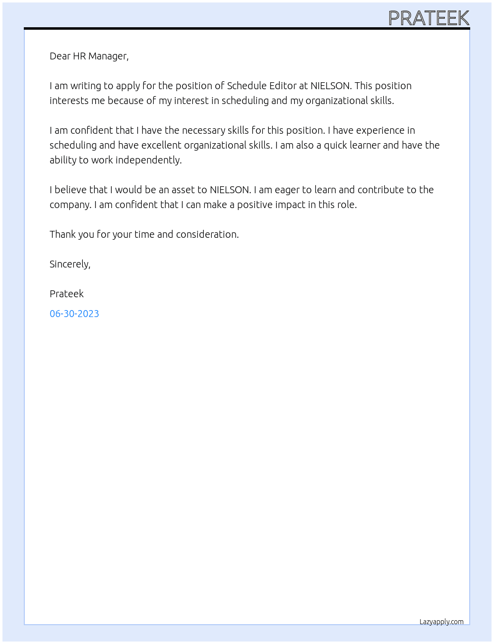 Schedule editor  At NIELSON Cover Letter