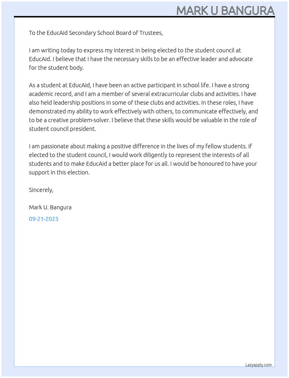 student council At EducAid secondary school Cover Letter