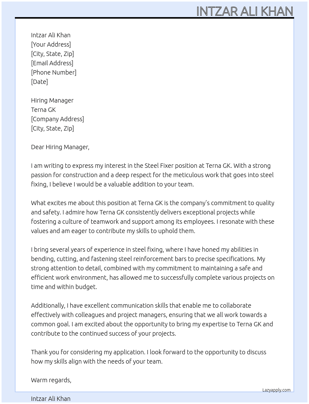 Cover letter for steel fixser - LazyApply