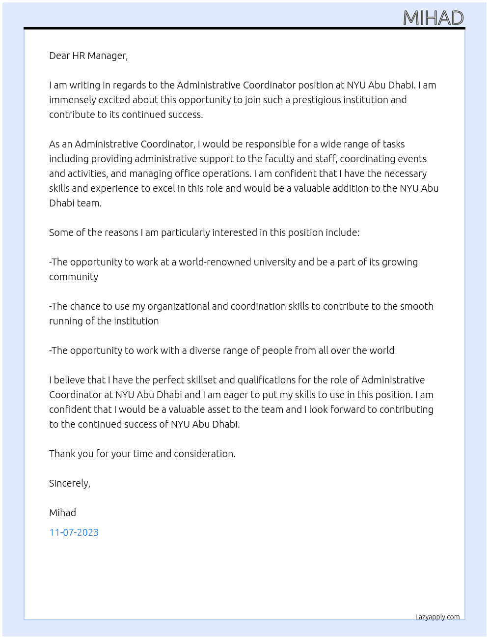 Administrative Coordinator At NYU Abu Dhabi Cover Letter