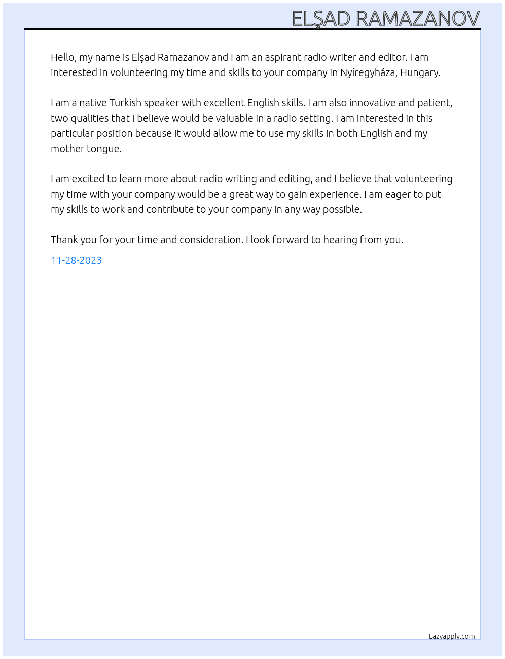 Vollunteering At Nyíregyháza, hungary Cover Letter