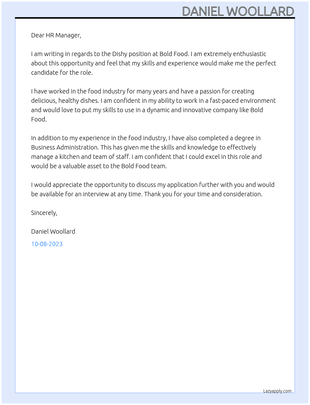 Dishy At Bold Food  Cover Letter