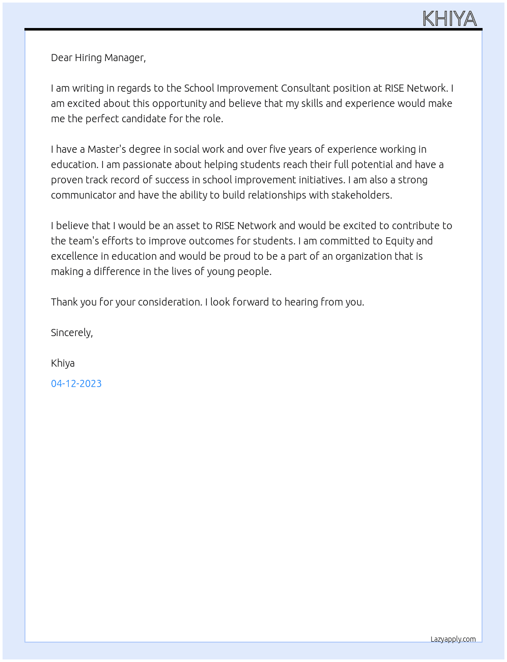 School Improvement Consultant At RISE Network Cover Letter