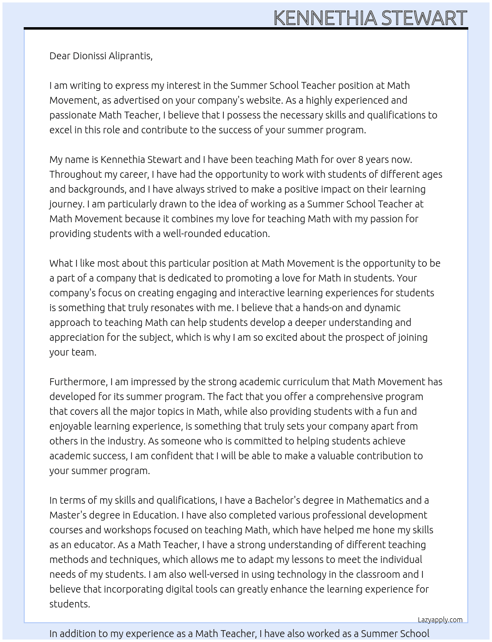 Summer School Teacher  At Math Movement  Cover Letter