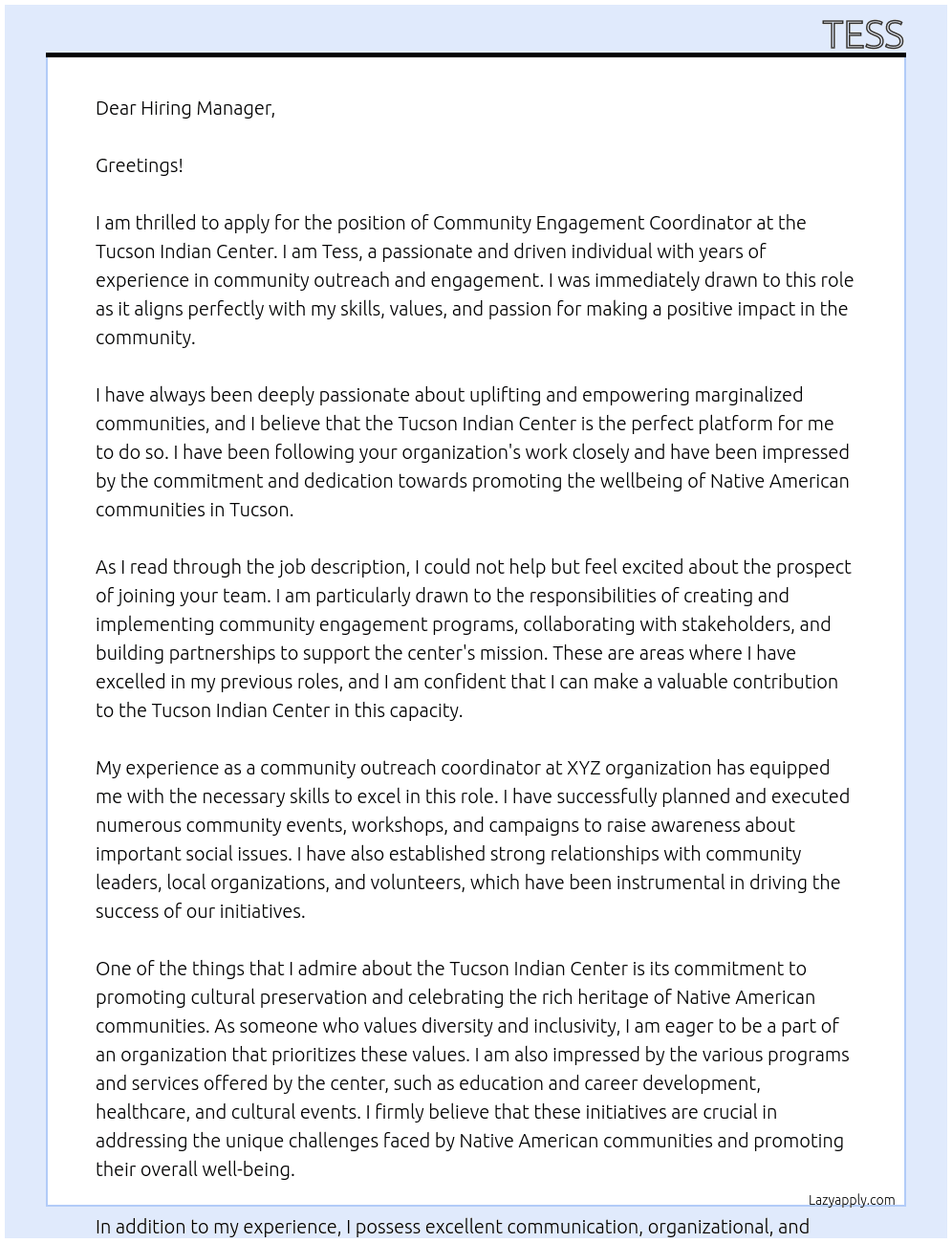 Community Engagement Coordinator At Tucson Indian Center Cover Letter