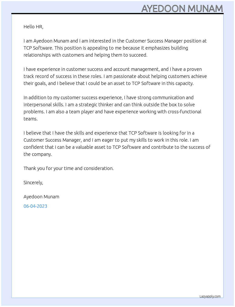 Customer Success Manager At TCP Software Cover Letter