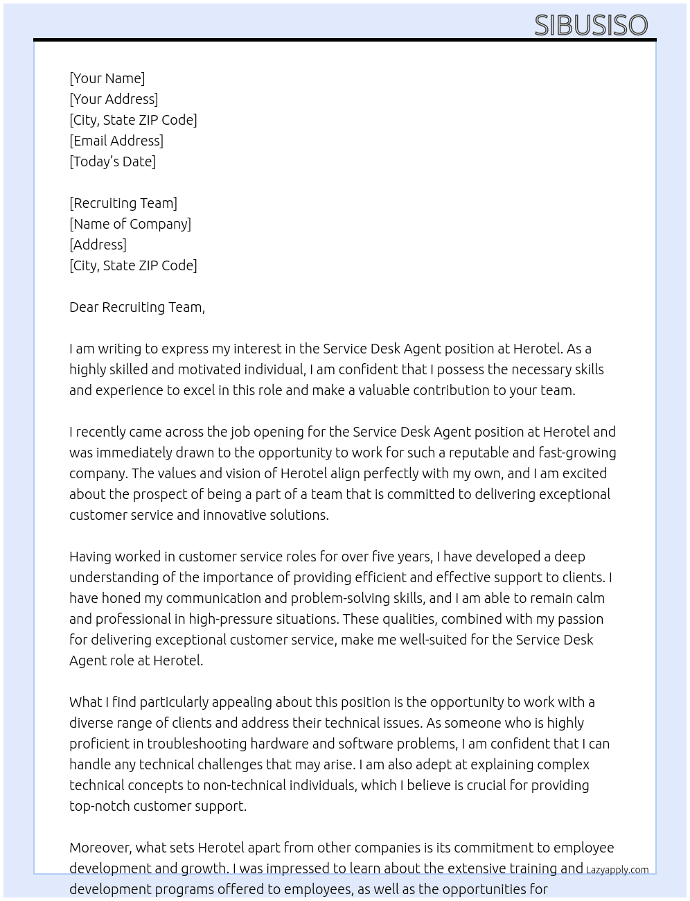 Service desk agent  At Herotel  Cover Letter