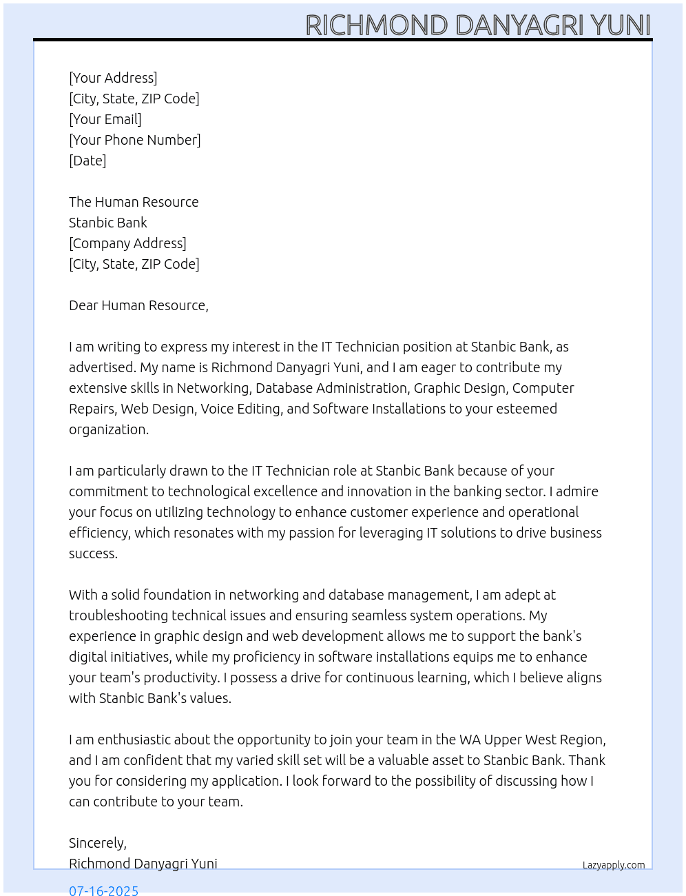 IT Technician  At Stanbic Bank Cover Letter
