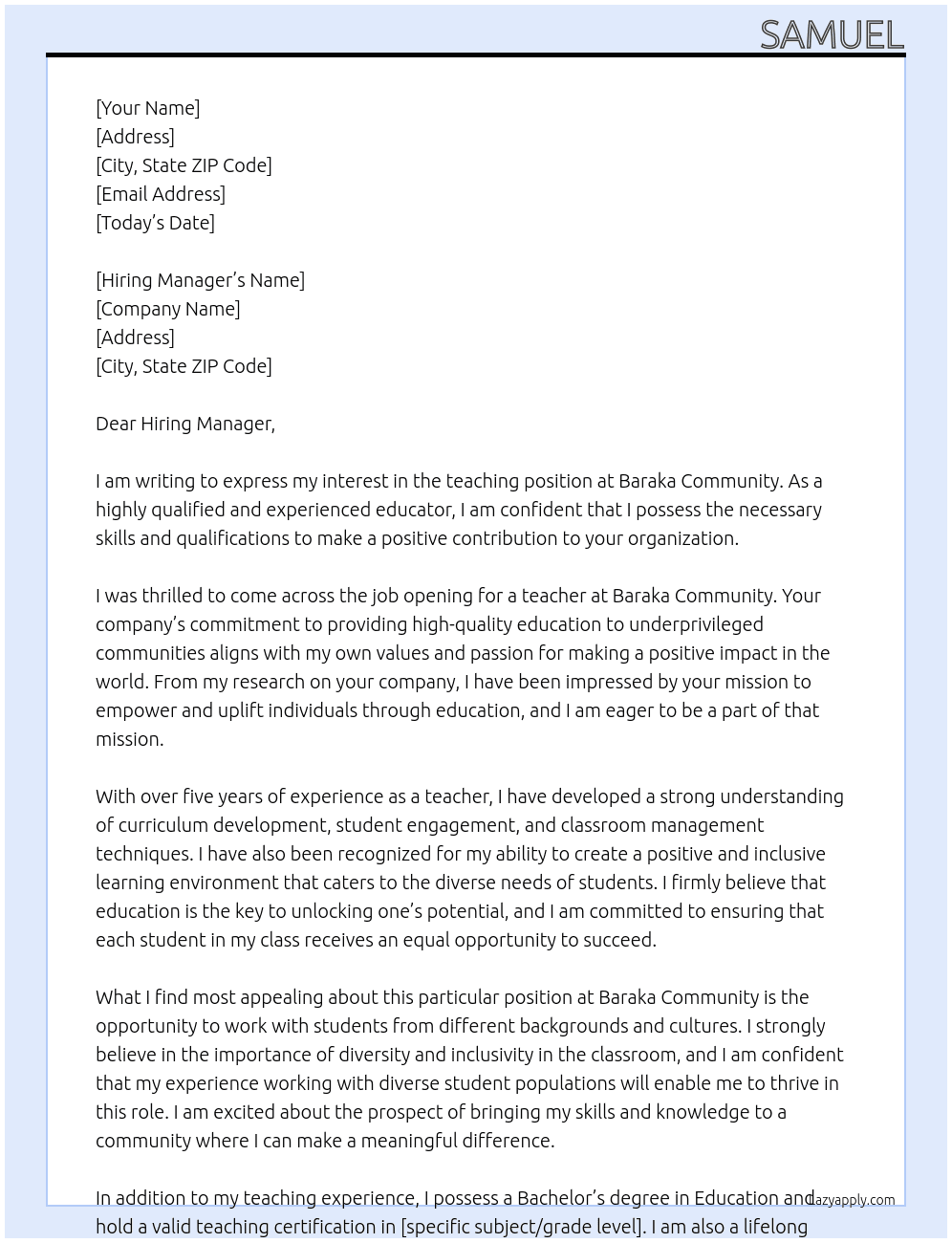 teacher At Baraka community Cover Letter
