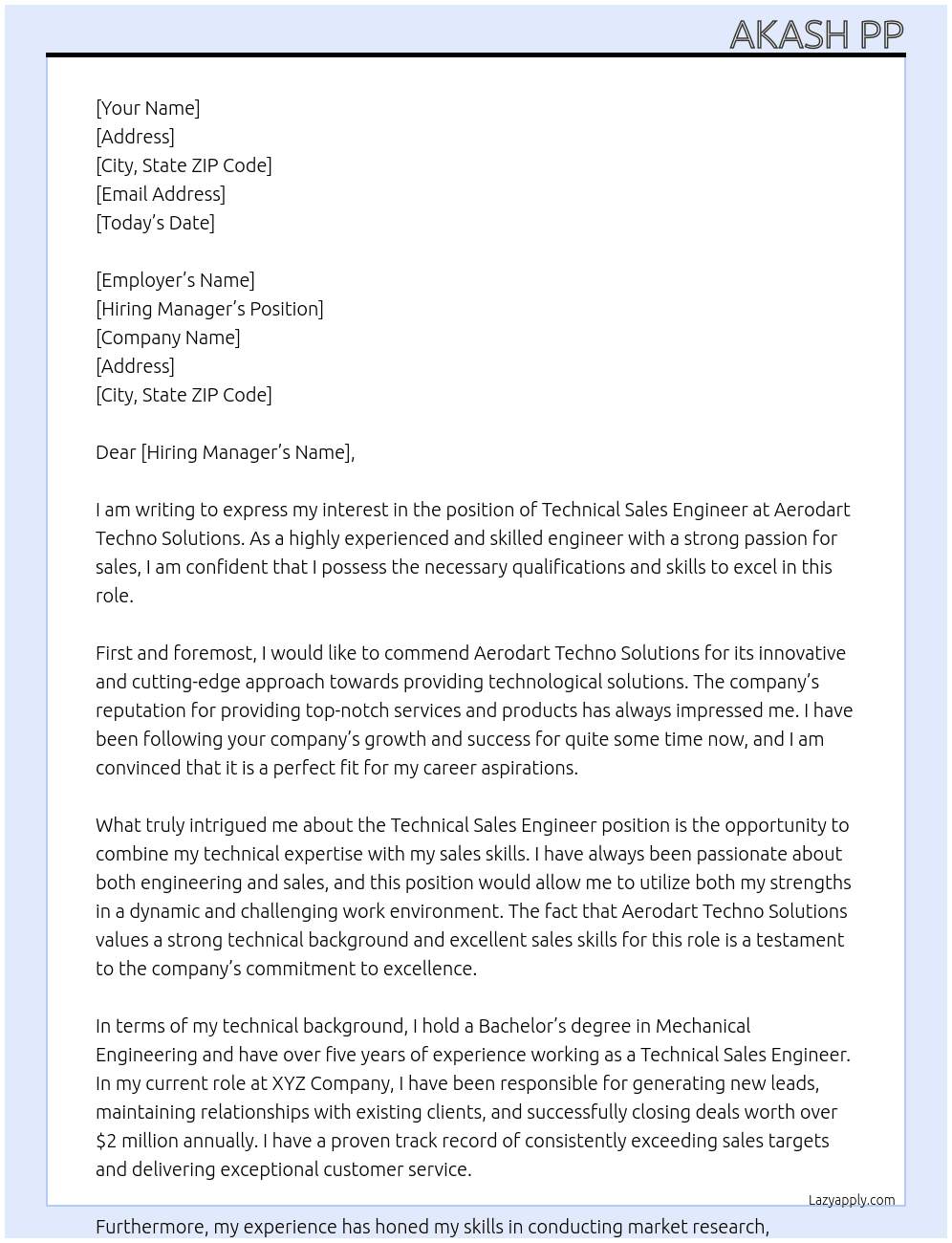 Technical Sales Engineer At Aerodart techno solutions Cover Letter