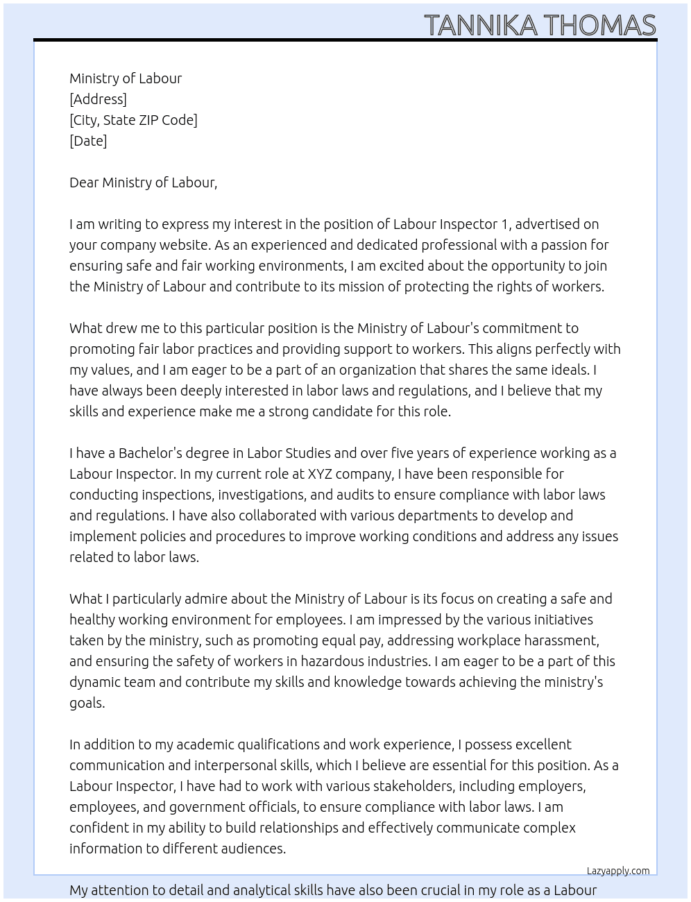 Labour Inspector 1 At Ministry of Labour Cover Letter