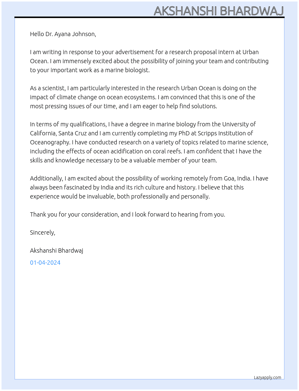 Cover letter for marine biologist - LazyApply