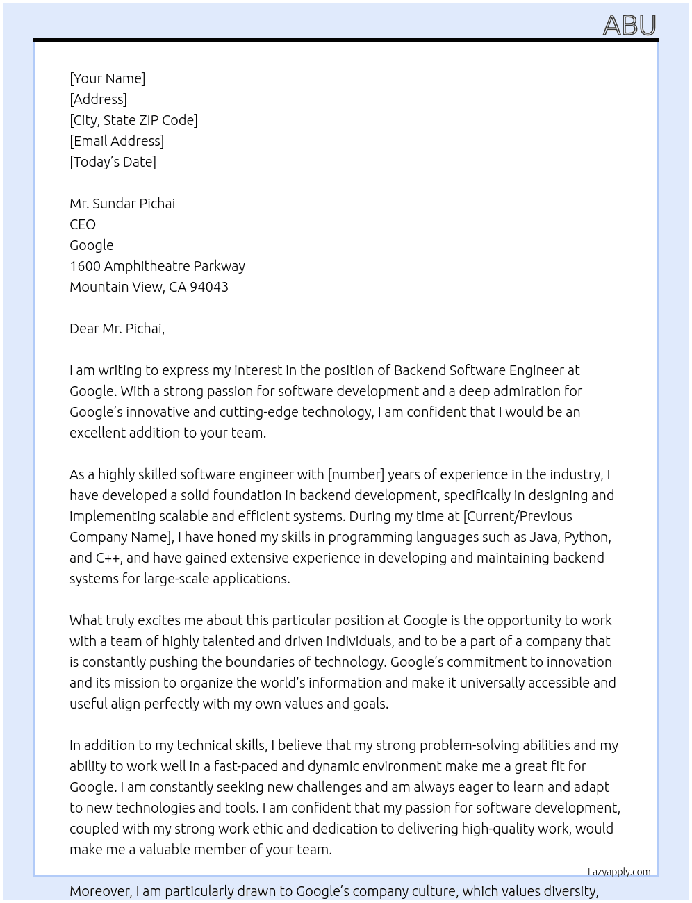 Backend Software Engineer At Google Cover Letter
